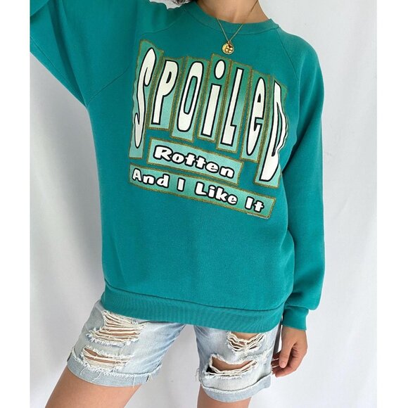 90s vintage reworked green spoiled rotten funny quote phrase pullover sweater - Picture 2 of 8